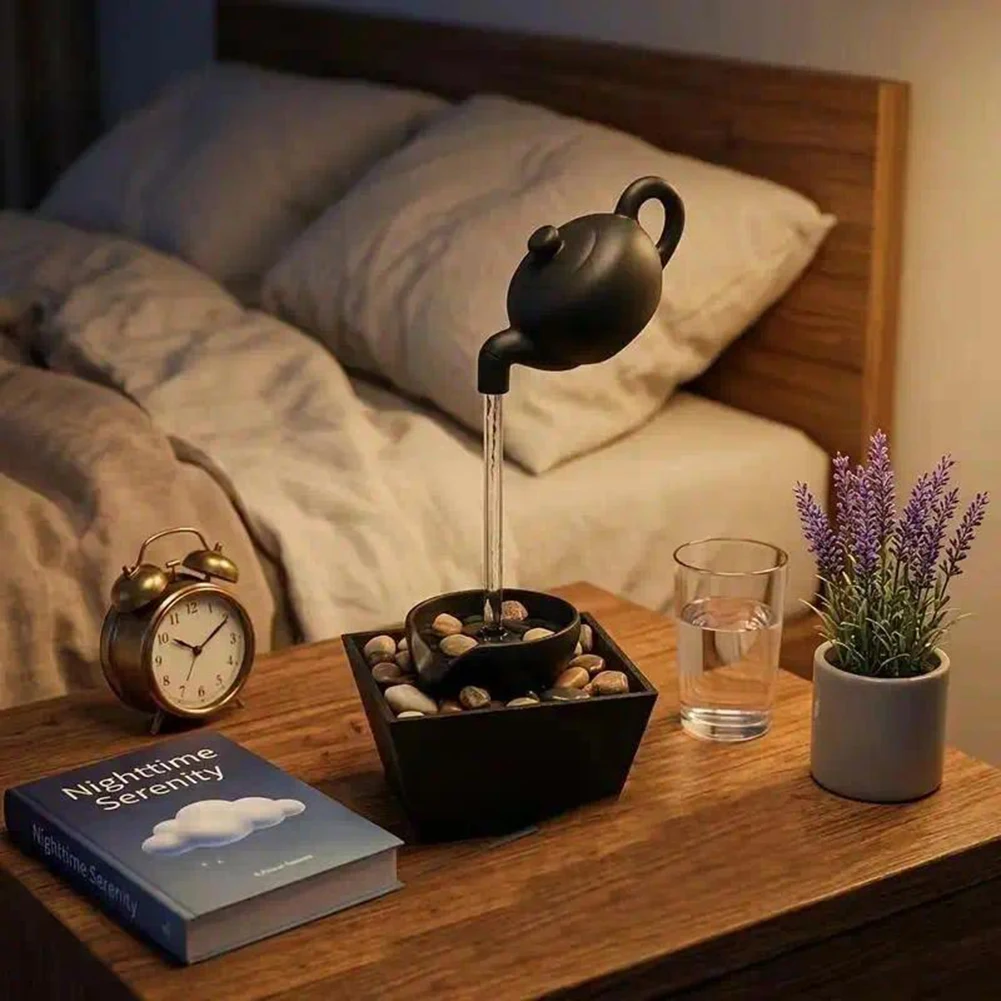 Floating Teapot Waterfall Ornament With Led Lights Tabletop Waterfall With Stone Accents For Home/Office Desk Decor