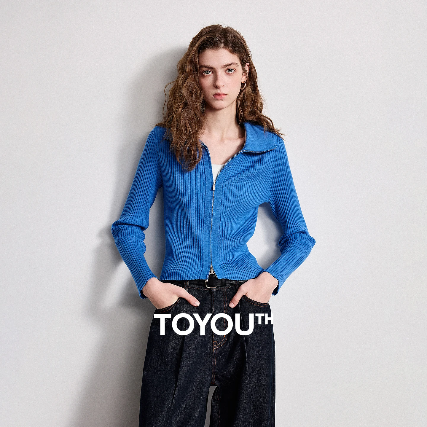 

TOYOUTH Women High-Stretch Core Spun Yarn Knit Top 2026 Spring New Ribbed Slim-Fit Zip Collar Shirt