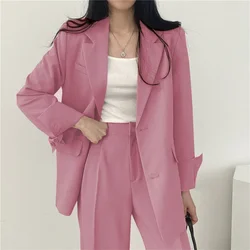 Ensemble de blazers et pantalons à simple boutonnage pour femmes, blazer monochrome, poche trempée, décontracté, bureau, élégant, mode, automne, 2 pièces