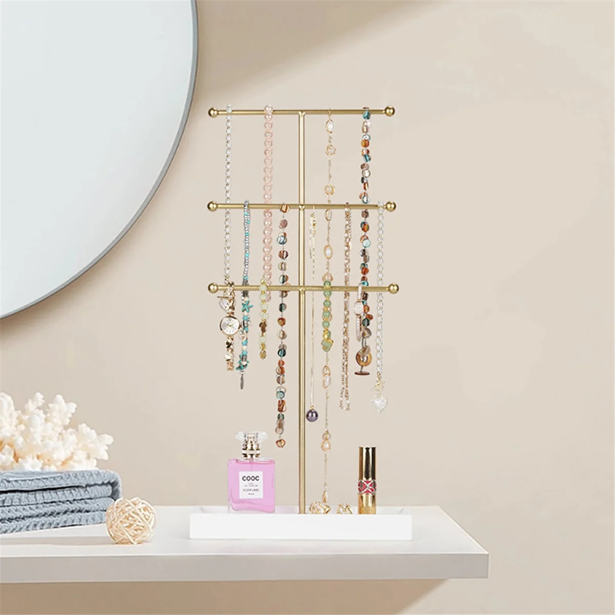 ABQR Gold 3-Layer T-Shaped Jewelry Rack Removable Solid Wood Base Ring Storage Box Earring Necklaces Rings Jewelry Box