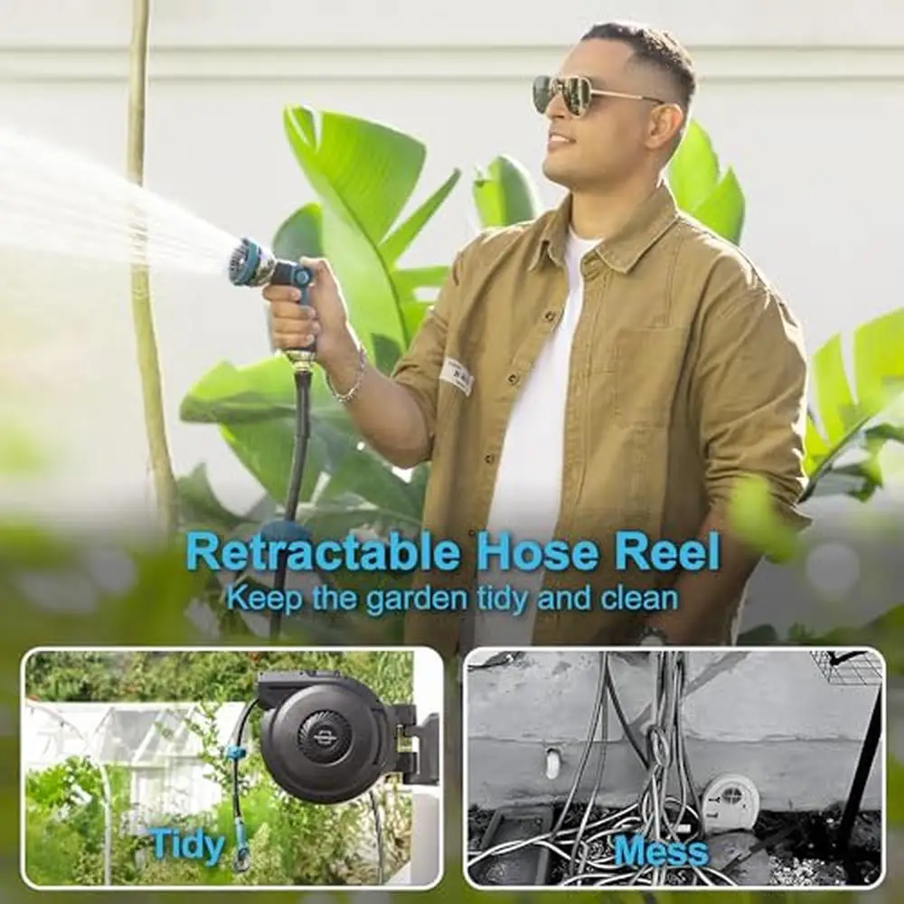 Retractable Garden Hose Reel 90ft Wall Mounted Heavy Duty Watering Kit 10 Pattern Nozzle & Any Length Lock Ultra-Durable 3-Layer