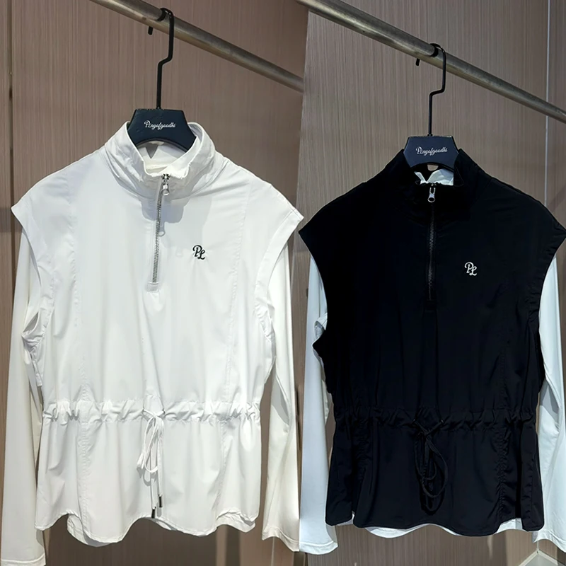 

PL New Golf Clothes Women's Sleevelees Vest Windproof Golf Vest Jackets Stand-Up Collar Zipper Adjustable Waist Tops Coat