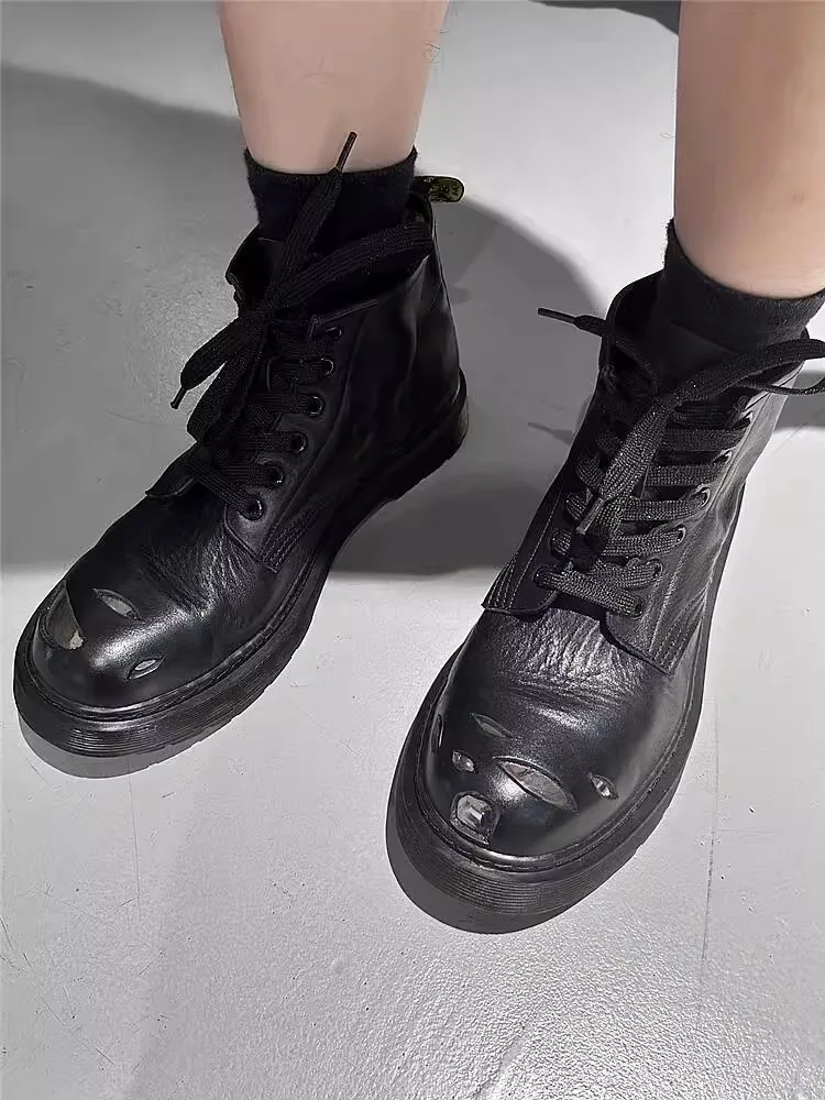 Vintage Design Mens Cowskin Genuine Leather Boots Lace Up Steel Toe Platform High Top Shoes Casual Punk Motorcycle Short Boots