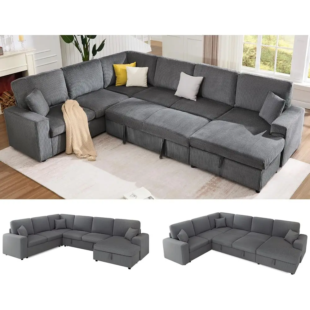 

Grey Corduroy 6-Seater Convertible Sofa Bed with Pull-Out Sleeper and Storage