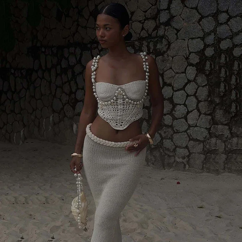 New Summer Fashion Knitted 2 Piece Suits for Women Versatile Casual Pearl Backless Suspender Top Solid Color Lace Up Shorts Set