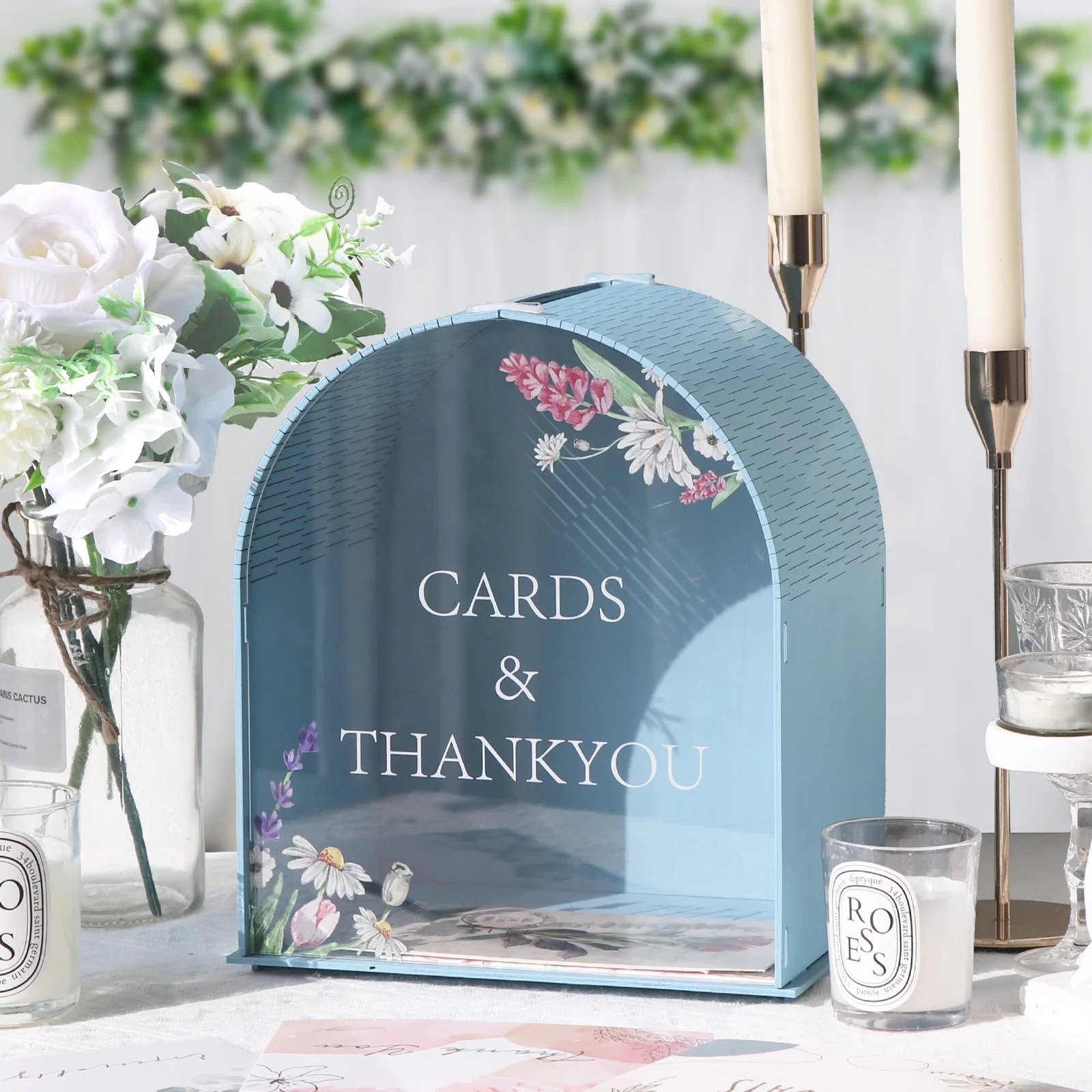 Blue Gift Card Box with Acrylic Window, Boho Wedding Envelope Money Wedding Card Boxes for Birthday Graduation Party Decorations