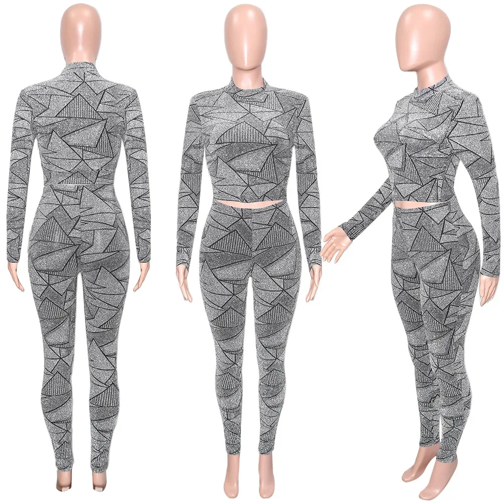 BWQ Casual Geometrical Women's Set Long Sleeve T-shirt and Legging Pants Suit Sport Fashion Two 2 Piece Set Outfit Tracksuit