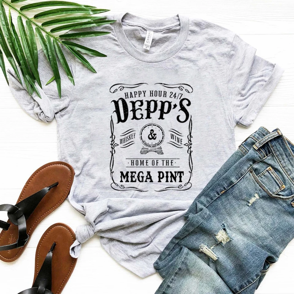 Johnny Depp Happy Hour 24/7 T Shirt Home of The Mega Pint T-shirt Funny Wine Tshirt Graphic T Shirts Vintage Short Sleeve Tees