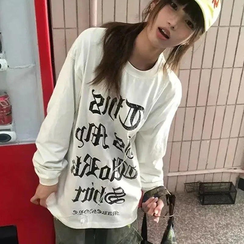 

Американская винтажная футболка с субкультурой, женская футболка с длинным рукавом и буквенным принтом, свободный повседневный топ в стиле хип-хоп на весну и осень