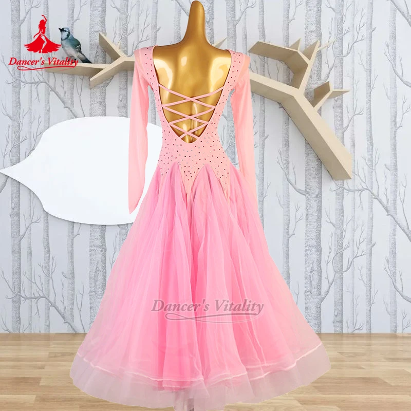Waltz Foxtrot Roze Lange Mouwen AB Stenen Moderne Jurk Danser Vitaliteit Volwassen Vrouwen Sociale Dans Kunst Onderzoek Kleding Custom