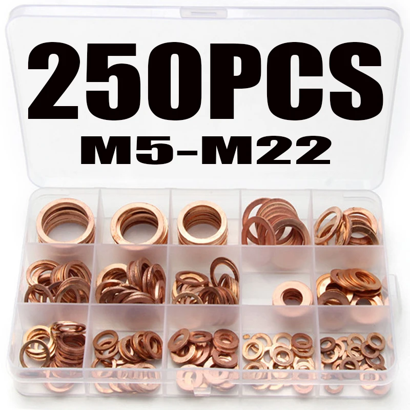 

250PCS Flat Ring Washer Gasket M5 M6 M8 M10 M12 M14 M16 M18 M20 M22 Solid Copper Crush Spacer Oil Brake Sealing Kit