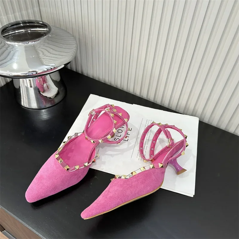 Women Buckle Strap Sandals Fashion Pointed Toe Shoes Classics Rivet High Heels Summer New Luxury Design Solid Color Sandalias