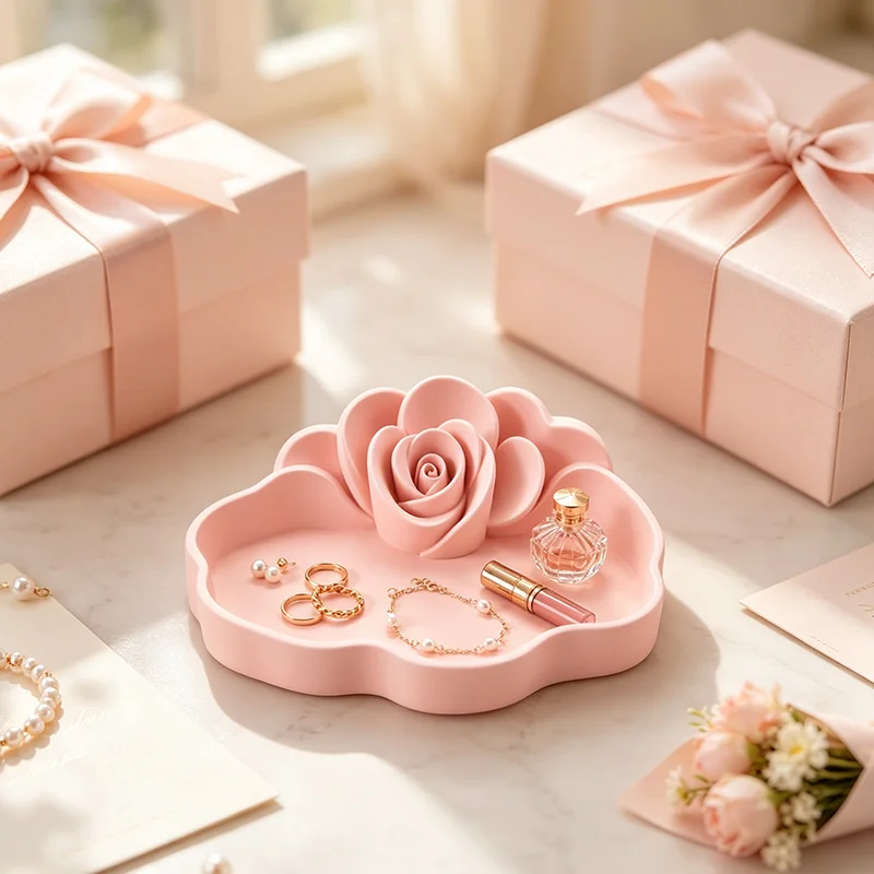 3D Printed Pink Rose Jewelry Tray Decorative Floral Storage Dish for Rings Lipstick Trinkets Elegant Vanity Desktop Ornament