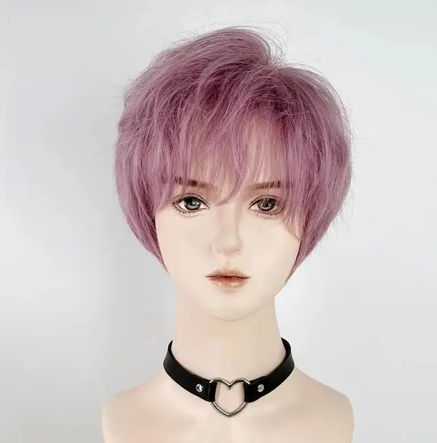 Peruca sintética curta anime reta com franja para homens, cabelo resistente ao calor, resistente ao calor, cosplay roxo, festa diária