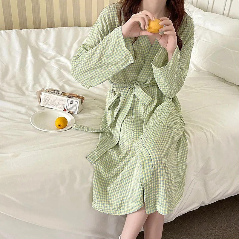 2024 New Pajama Robes Spring Autumn Winter Sleepwear Korean Version Sweet Bathrobe Long V-neck Belted Homewear Loose Loungewear