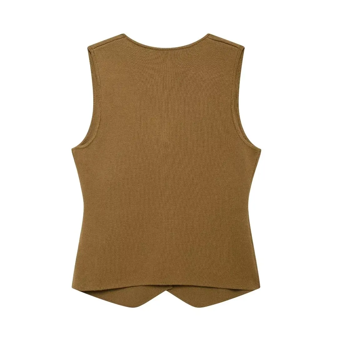 2024 Autumn New Women's Fashion and Casual V-neck Sleeveless Pocket with Gold Button Knitted Tank Top