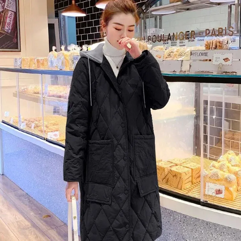 New Autumn Winter Women's Diamond Check Down Cotton Coat Long Hooded Parker Overcoat Oversized Female Loose Casual Padded Jacket