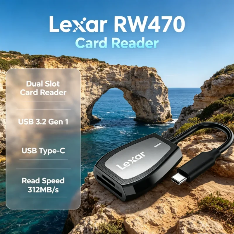 Lexar RW470 Card Reader Dual Slot Type-C SD microSD 2-in-1 USB 3.2 Gen1 UHS-II Up to 312MB/s Read Speed for Card Data Transfer