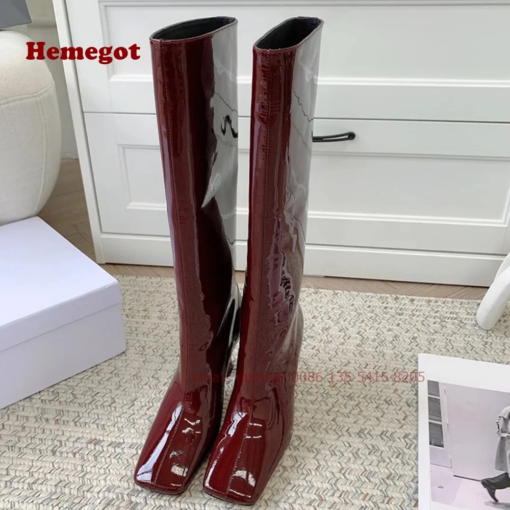 Burgundy Patent Leather Knee High Boots Square Toe Kitten Heels Women\'s Boots Winter Glossy Slip On Casual Shoes Luxury Autumn