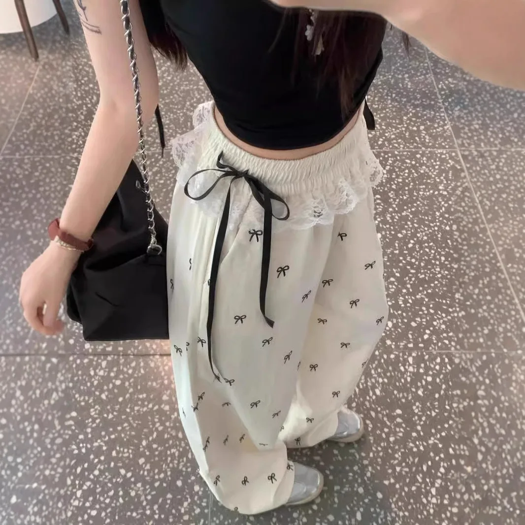 

High Waist Straight Pants Bow Lace Splicing Casual Women's Elastic Waist Loose Wide Leg Pants