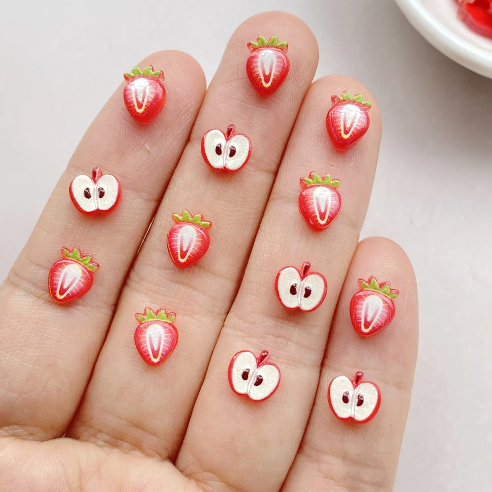 100Pcs Mixed Nail Art Resin Cartoon Red Apples, Strawberries Series Charms Rhinestones DIY Craft For Nail 3D Decorations Jewelry