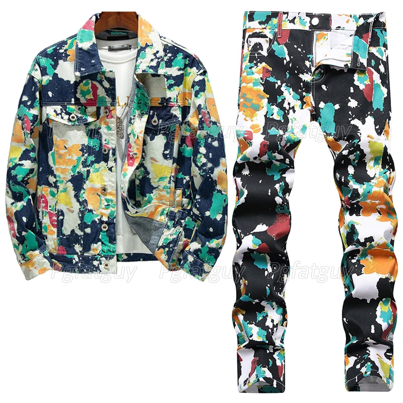 Street Print Men's Pant Sets Fashion Contrast Color Long Sleeve Jacket and Stretch Skinny Jeans Large Size 2pcs Men Clothing