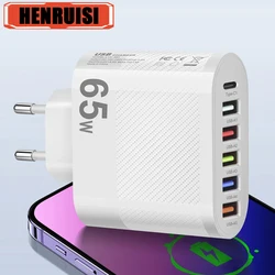 6 Ports 65W USB Charger Fast Charge Portable Phone Charger Universal Wall Charging For iPhone 15 14 Samsung Xiaomi 2024 Hot Sale