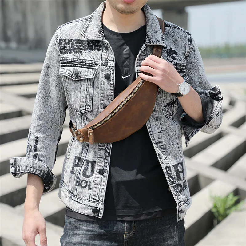 Fashion natural crazy horse cowhide men's multifunctional small chest bag daily outdoor sports genuine leather crossbody bag