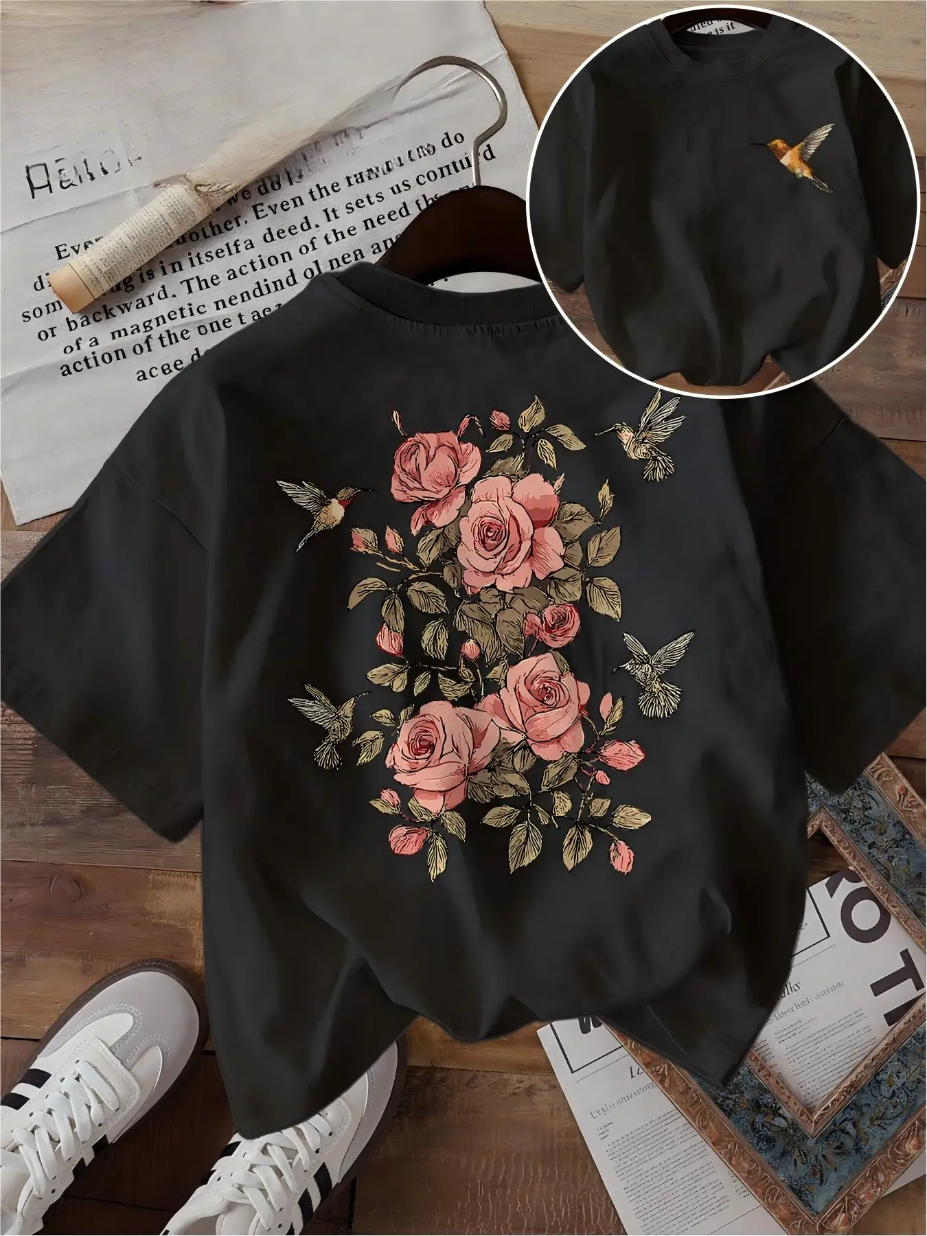 Vintage Pink Rose T Shirt Funny Hummingbird Floral Graphic Unisex Harajuku Aesthetic Loose Short Sleeve White Summer Tops Tee