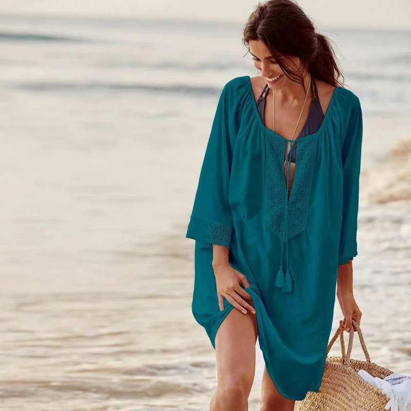 

Hot Sale New Summer Fashion plus Size Women Sun ProtectionVLoose Collar Beach Cover-up Dress