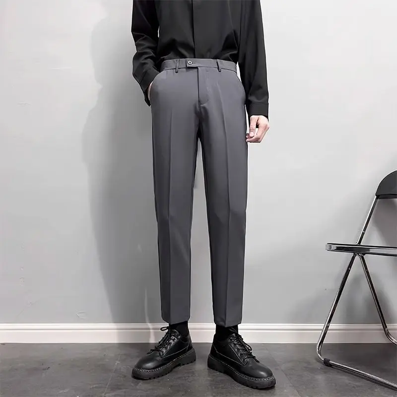 Men's Spring Autumn British Style Versatile Slim Fit Straight Dress Pants Premium Drape Loose Casual Ankle-Length Trousers