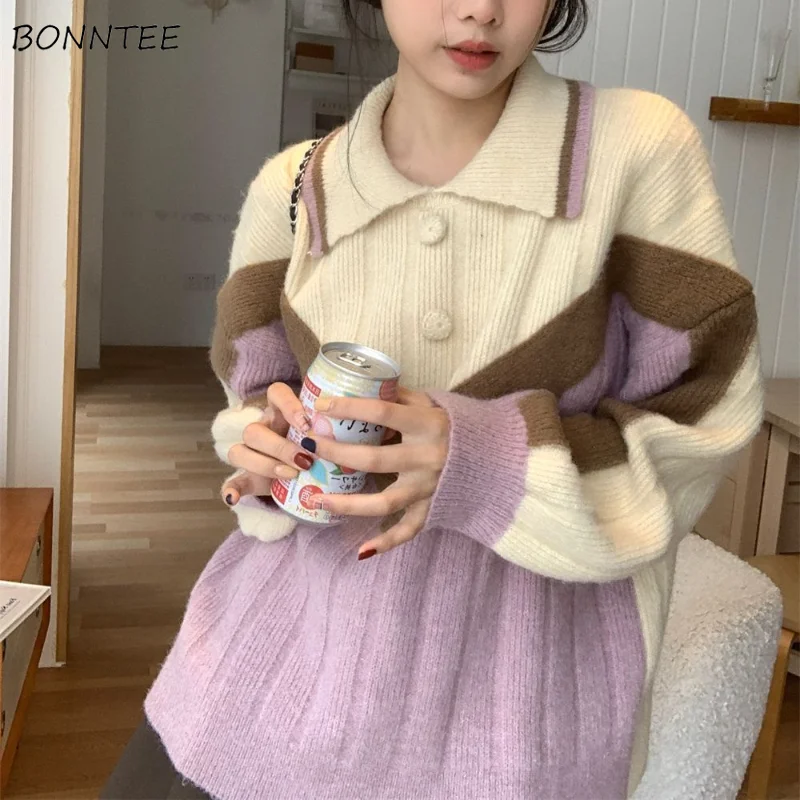 

Sweet Sweaters Women Loose Knitted Pullovers Girls Autumn Winter Contrast Color Korean Style Age-reducing Cozy Outwear Trendy