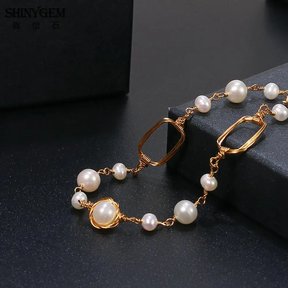 SHINYGEM Real Natural Freshwater Pearl for Women 14k Copper Plated Gold Hand Wound Wire Woman Gift Idea Bracelet Wires
