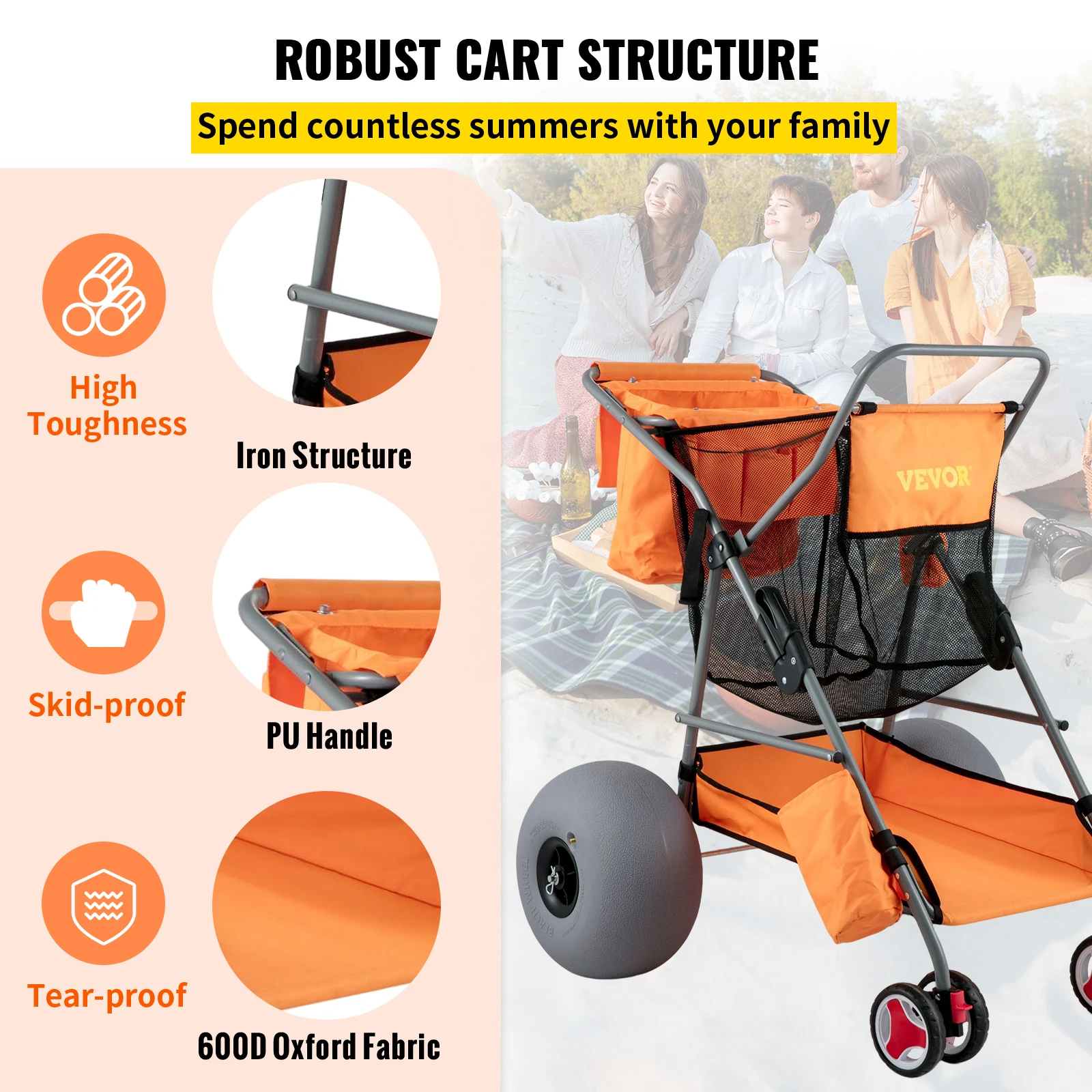 VEVOR Folding Wagon Cart Orange/Blue Portable Outdoor Camping Beach Multifunction Adjustable Handle for Picnic Bbq Trolley