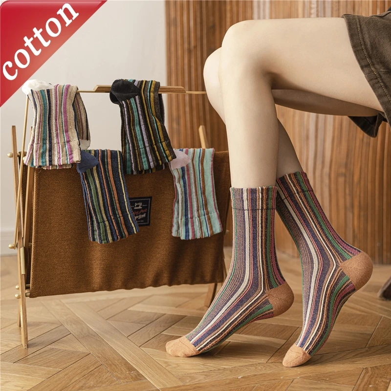 Damensocken im japanischen Harajuku-Stil, kontrastierend gestreift, lässiger Preppy-Stil, bequeme, hochwertige Baumwollsocken für Mädchen