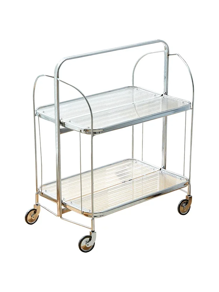 Medieval Glass Trolley Living Room Ins Sofa Side Table Movable Folding Cart Stainless Steel Storage Rack