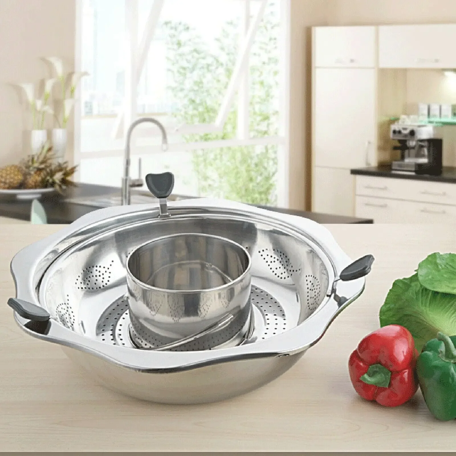 Destacável aço inoxidável Shabu Hot Pot, barco a vapor rotativo, dupla camada, novo