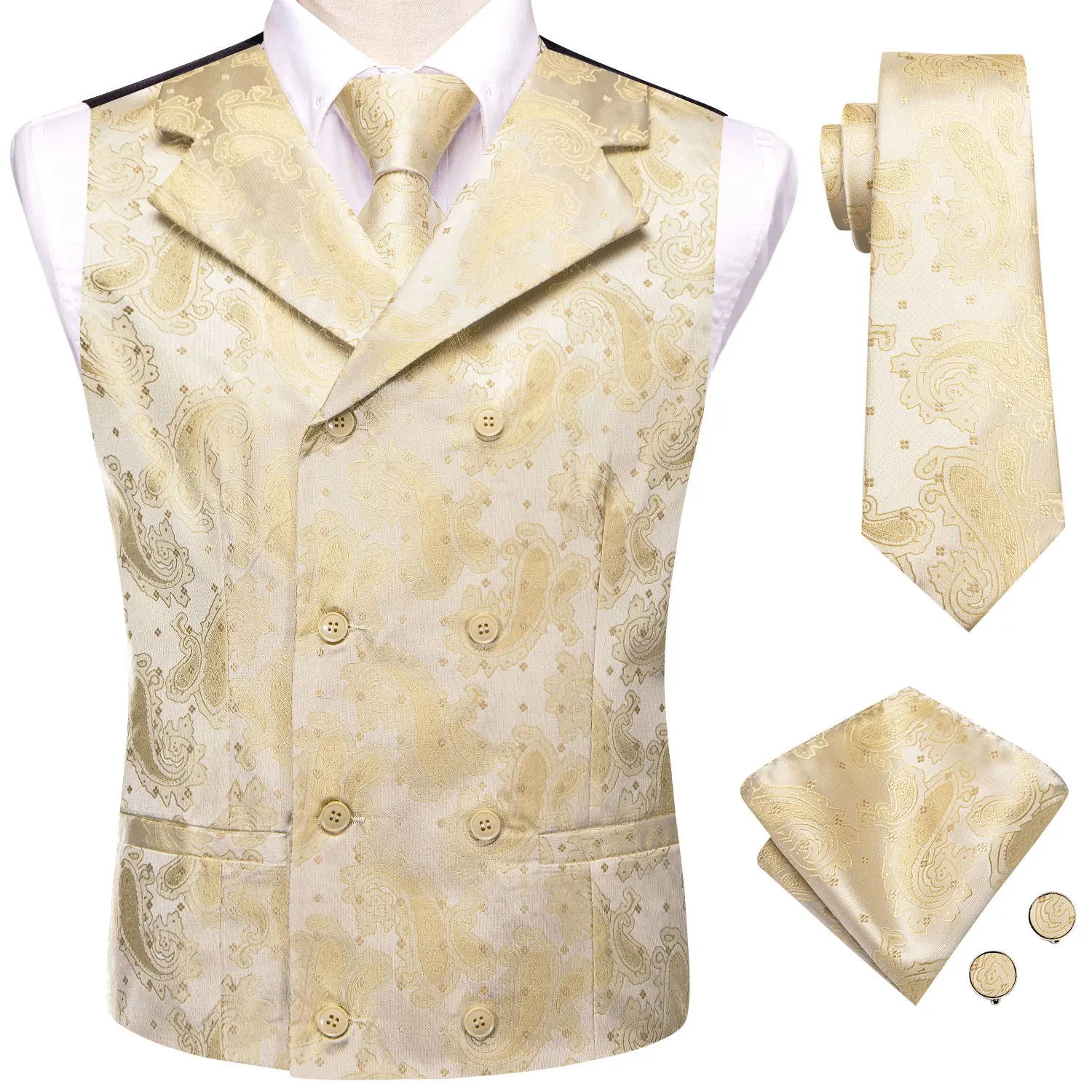 

Hi-Tie Beige Men's Silk Vests Luxury Paisley Jacquard Waistcoat Jacket NeckTie Hanky Cufflinks for Male Business Party Designer