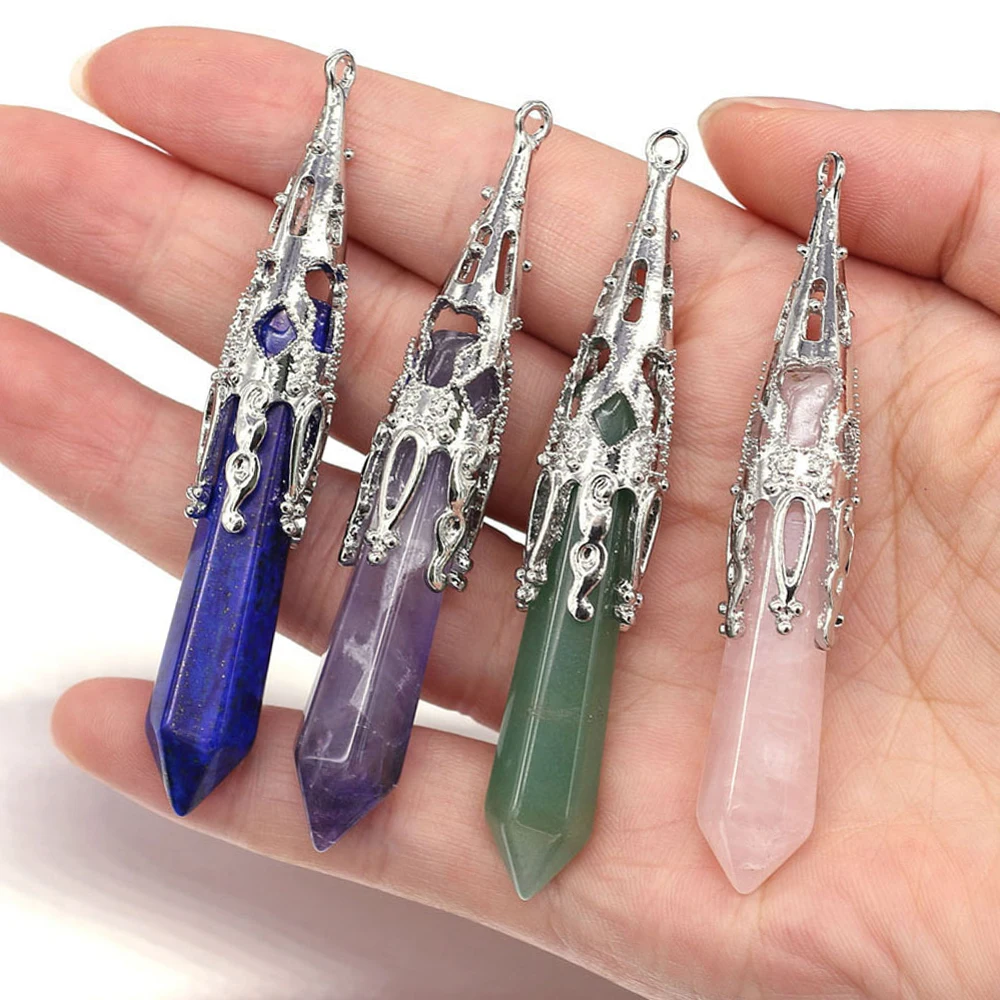 Natural Stone Pendant Lapis Lazuli Opal Reiki Heal Crystal Agate Pendulum for Jewelry Making DIY Vintage Necklace Pendant12x70mm