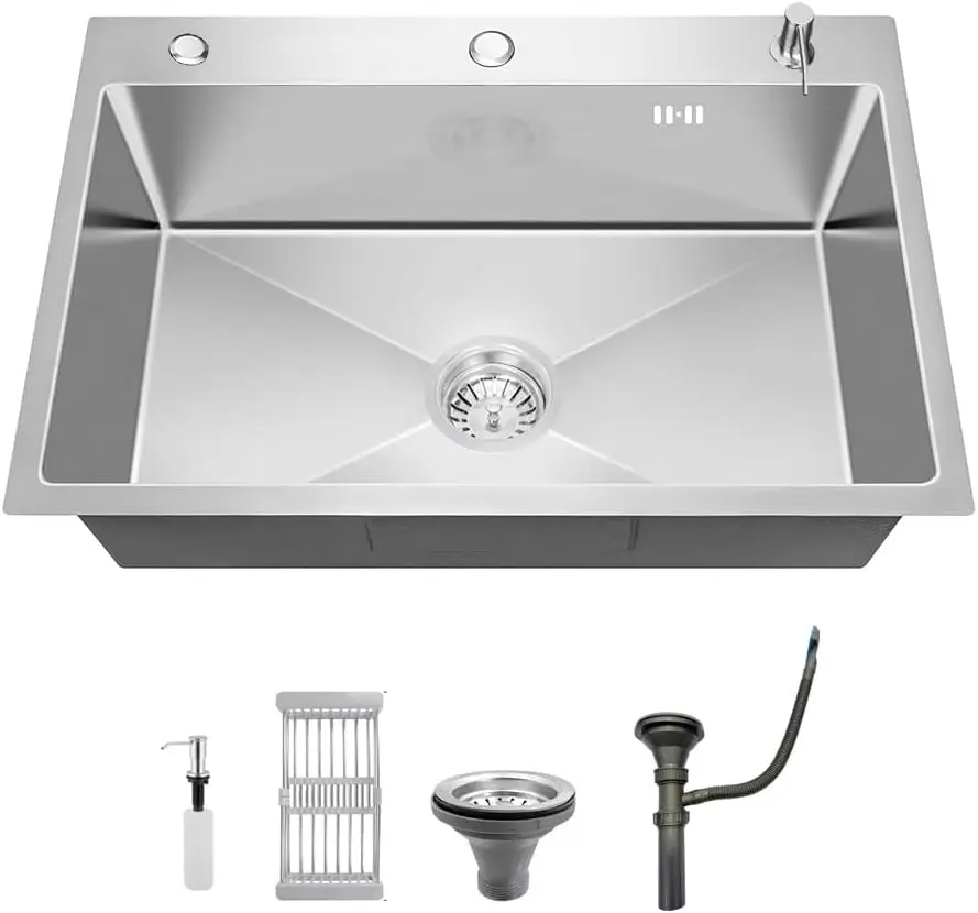 

Drop In Stainless Steel Kitchen Sink, 3 Hole Topmount Single Bowl Workstation Sink, Farmhouse Workstation sink with Mult