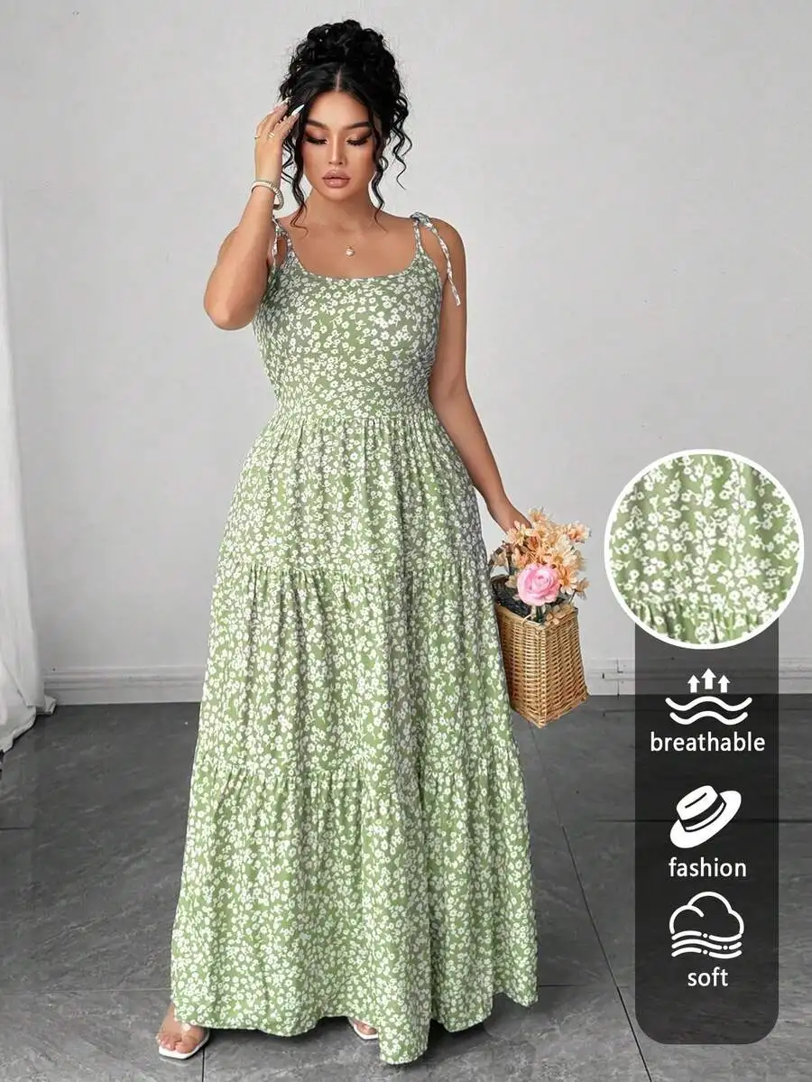 

Green Ditsy Floral Tiered Maxi Dress For Women Casual Summer Bohemian Dress