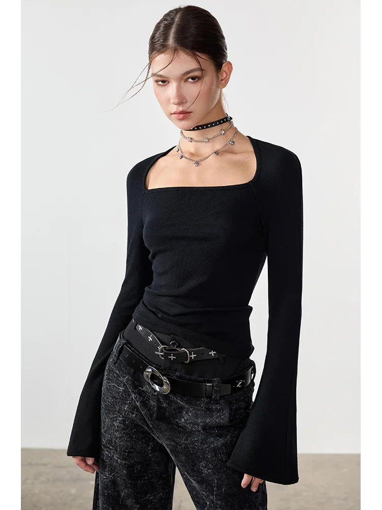 

Женская футболка Slim Fit с длинными рукавами-колокол и воротником-стойкой от Chen Lady, осенняя, стандартной толщины, однотонная, женский топ.