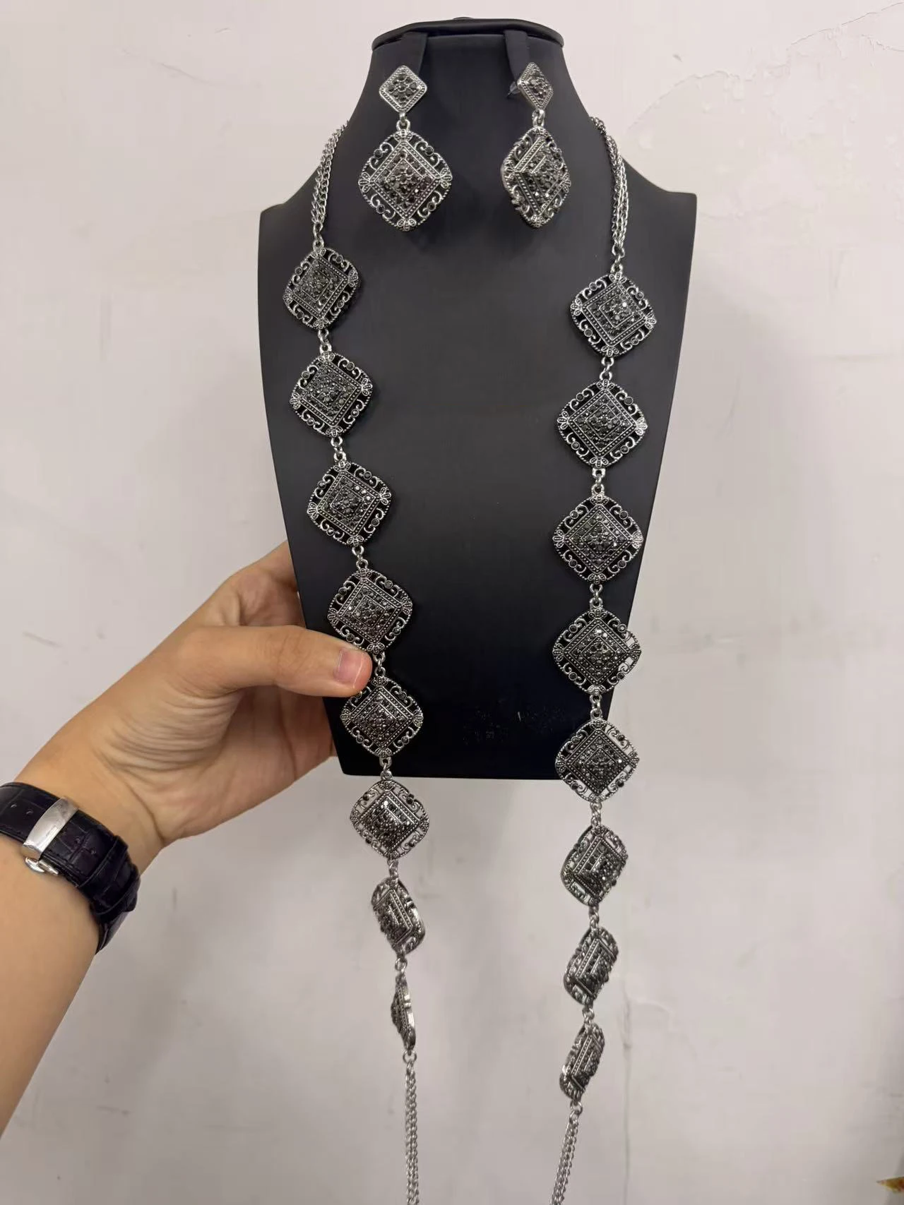 New Vintage Black Silver Long Necklace Earrings Jewelry Set Morocco Algeria Women Filigree Hollow Ethnic Statement Wedding Party