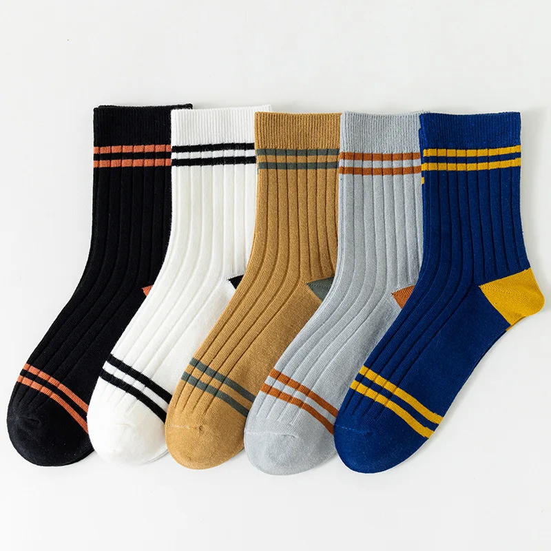 5 Pair Men\'s New Striped Casual Breathable Socks High Quality Harajuku Retro Socks Men\'s Cotton Socks