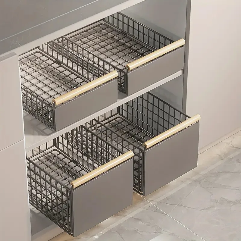 Metal Pull-Out Storage Basket, Slide-Out Cabinet Organizer, Spice and Cutlery Storage Multipurpose Kitchen Cabinet Organizer
