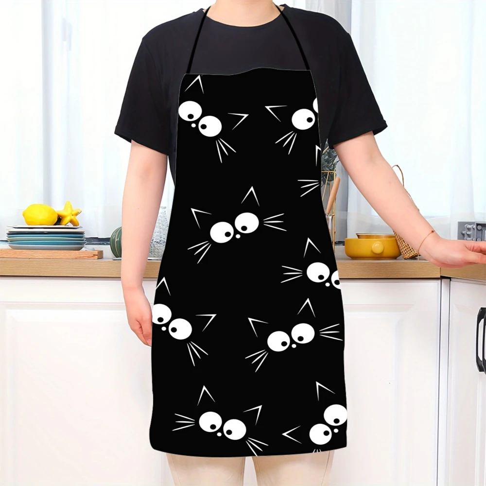 Black Cat Face Pattern Apron For Cooking And Baking With Adjustable Neck Strap And Ties