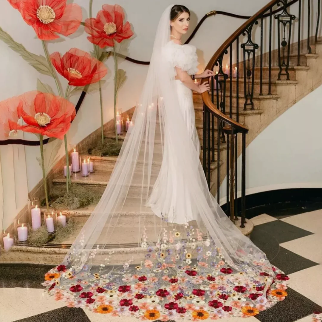 

Bridal Veil White Ivory Wedding Veils With Lace Edge Flowers Elegant Cathedral Length Wedding Accessories Customized