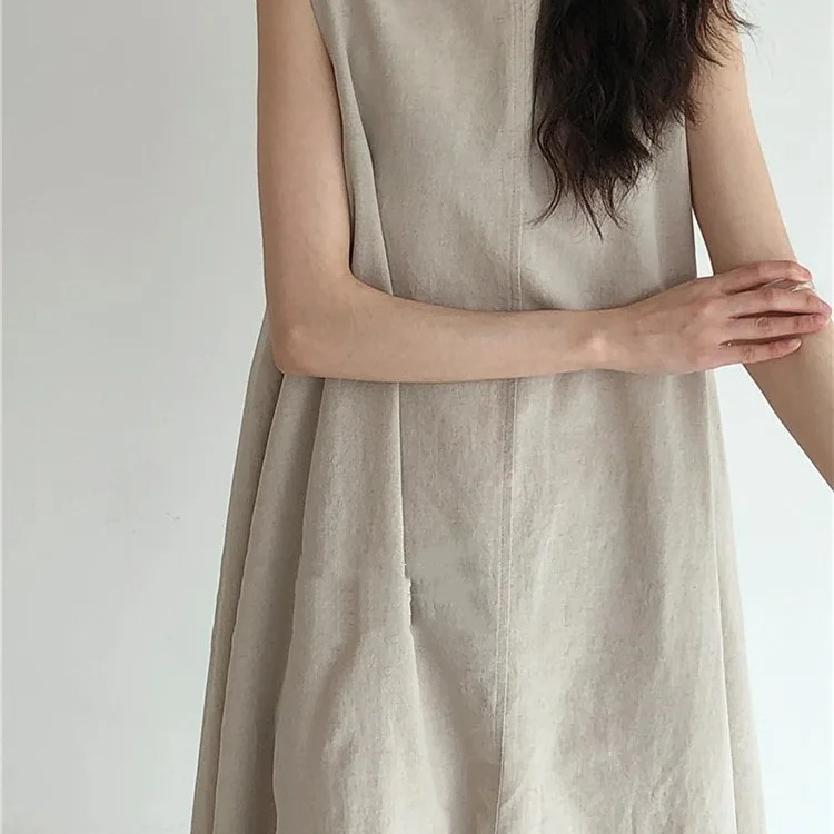 Cotton Linen Solid Color Round Neck Sleeveless Undershirt Dress Female Summer New Literary Simple Temperament Casual Long Skirt