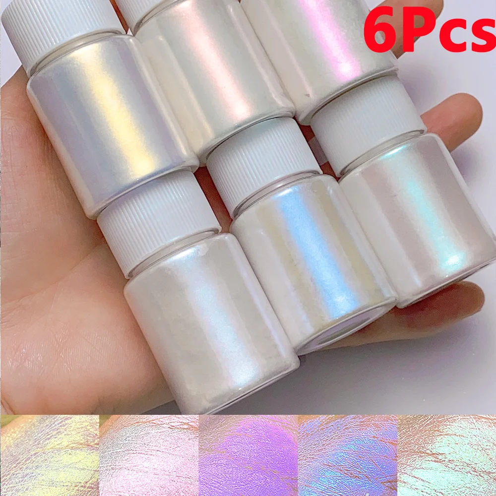 6 pçs/set aurora sereia arte do prego em pó de alto brilho polarizado branco pérola cromo pigmento camaleão manicure esfregando poeira de mica * &