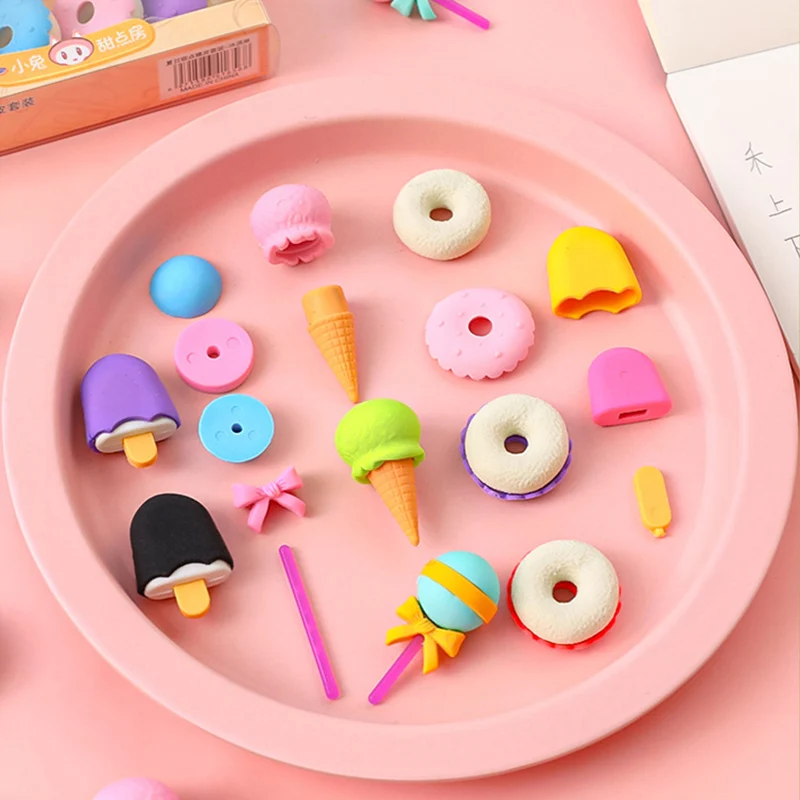 1Set 4Pcs Simulation Dessert Burger Rubber Pencil Eraser Elementary School Students Creative Cartoon Cute Little Erasers Gift